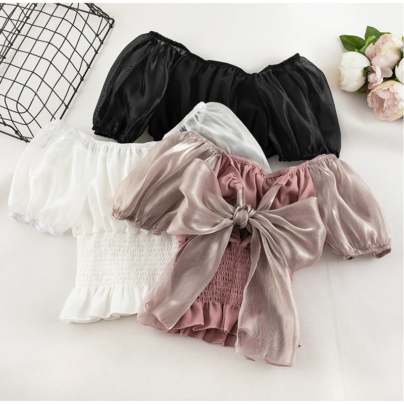 

Summer Chiffon Tops Women Sweet Lace Patchwork Puff Sleeve Top Chic Short Style Bow Lace Up Female Short Sleeve Slash Neck Tops