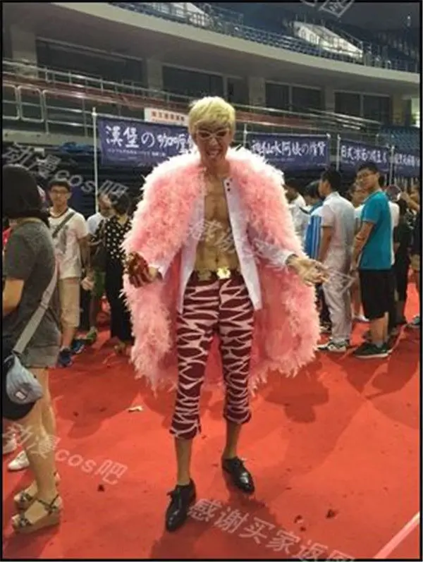 Аниме одна деталь Джокер Donquixote Doflamingo костюм косплей розовый плюшевый Colak наряд Солнцезащитные очки Мужские взрослые Хэллоуин Карнавал COS