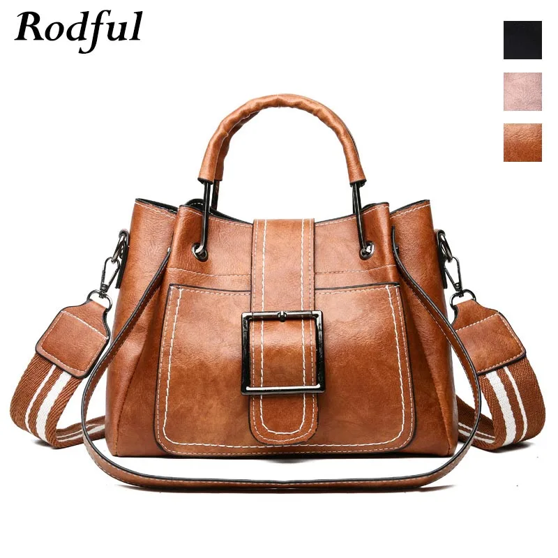 

Rodful vintage small women's handbag leather bucket bag female retro small messenger shoulder bag women wide strap hand bag lady