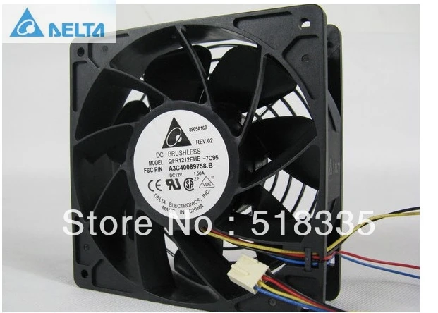 

2pcs for delta QFR1212EHE 120mm 1238 12038 12cm 12*12*3.8cm 120*120*38mm fan 12v 1.5A Cooling Fan