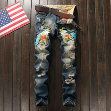 Mens Fashion Ripped Biker Jeans 100% Cotton Bird Embroidered Slim Fit Motorcycle Jeans Men Vintage Distressed Denim Jeans Pants