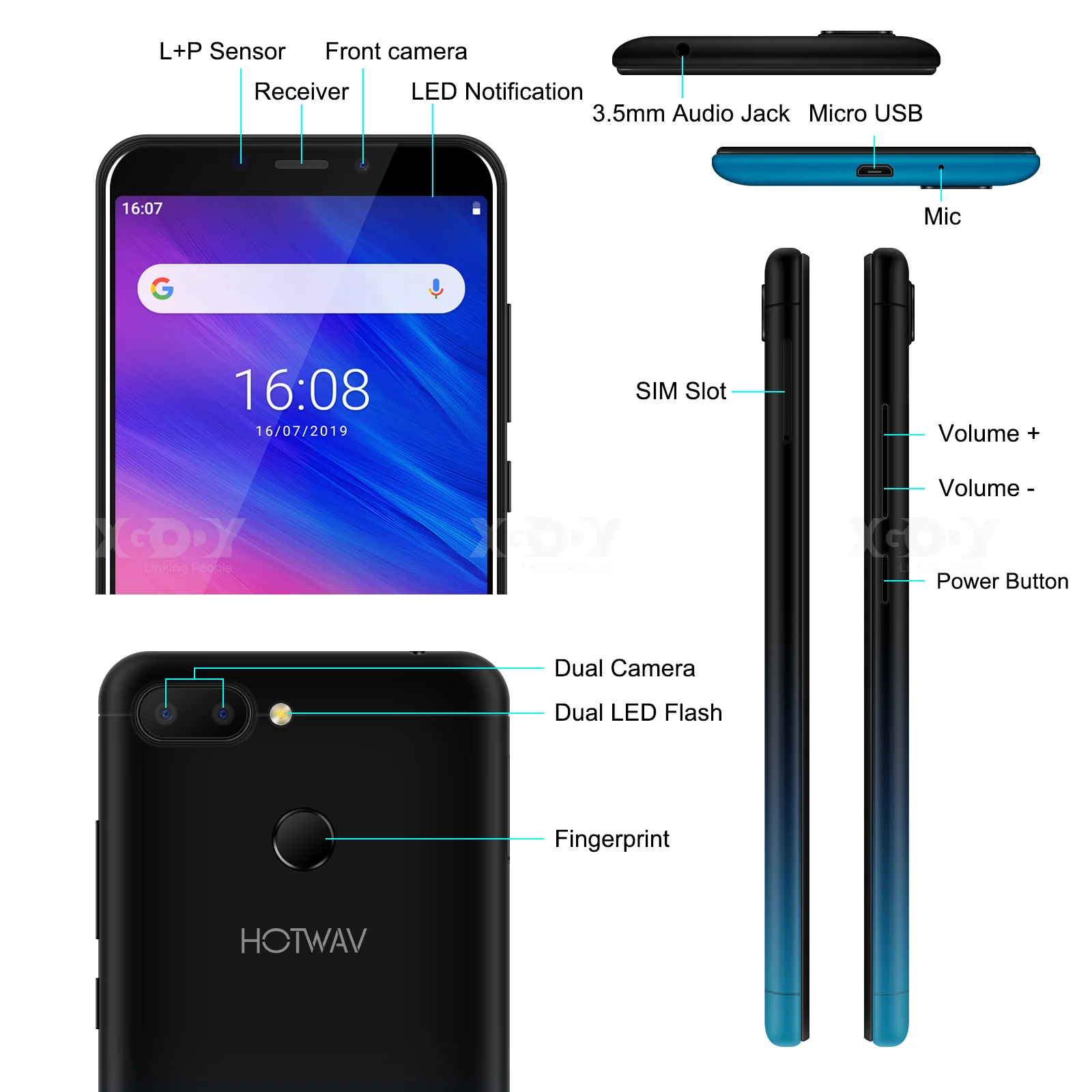 Xgody HOTWAVM6 5 ''Android 9 0 18:9 MT6739 3 ГБ 32 смартфон отпечаток пальца лица ID полный экран В/1A