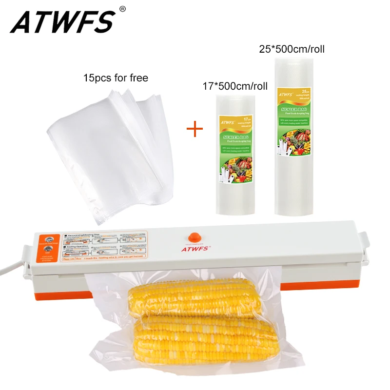 ATWFS Food Vacuum Sealer 1 sets Packing Machine with Vacuum Bags 17*500cm+25*500cm Packaging Rolls and 15pcs Bags