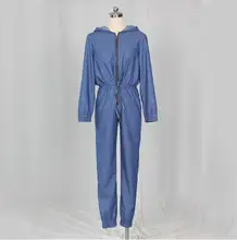 Women Jeans Jumpsuit Long Sleeve Casual Denim Rompers Lace Up Zipper Drawstring Hooded Denim Jumpsuits Overalls casual drawstring distressed denim dress