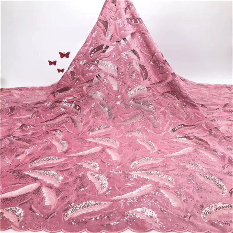 

French Velvet Lace Fabric 2019 High Quality Pink Color African Voile Flannel Lace Fraric With Sequins for Nigerian Wedding