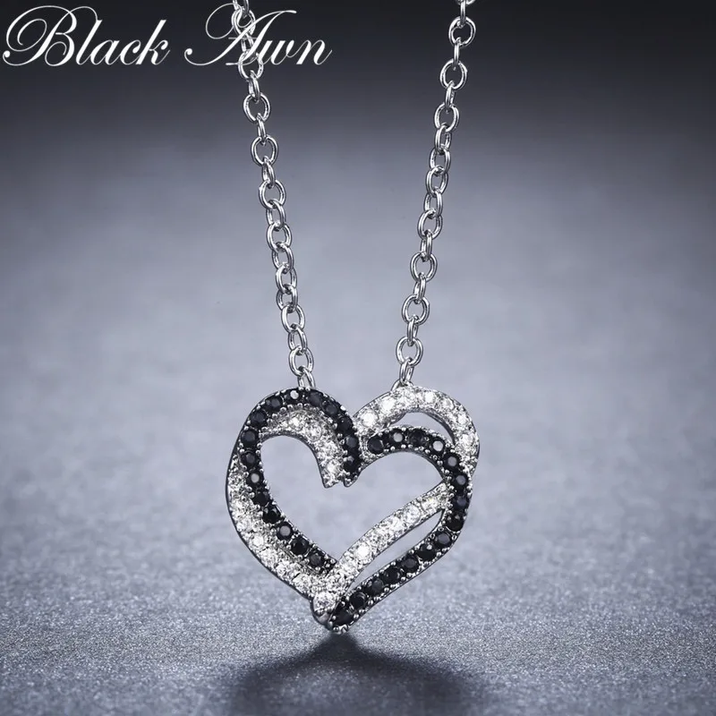 Серебряное ожерелье, настоящее, 925 пробы, серебряное ожерелье для женщин, ювелирное изделие, сердце, черный и белый камень, подвески P107