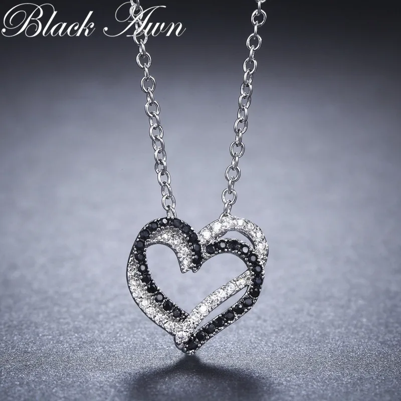 Silver Necklace Fine Genuine 100% 925 Sterling Silver Necklace Women Jewelry Heart Black&White Stone Pendants P107 - Image 3
