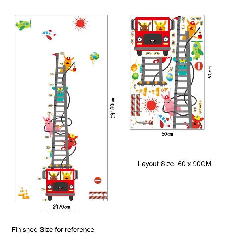 Пожарная машина Воздушная лестница измерение высоты стикер на стену детская комната для мальчиков детская диаграмма роста Наклейка на стену мультфильм Животные обои