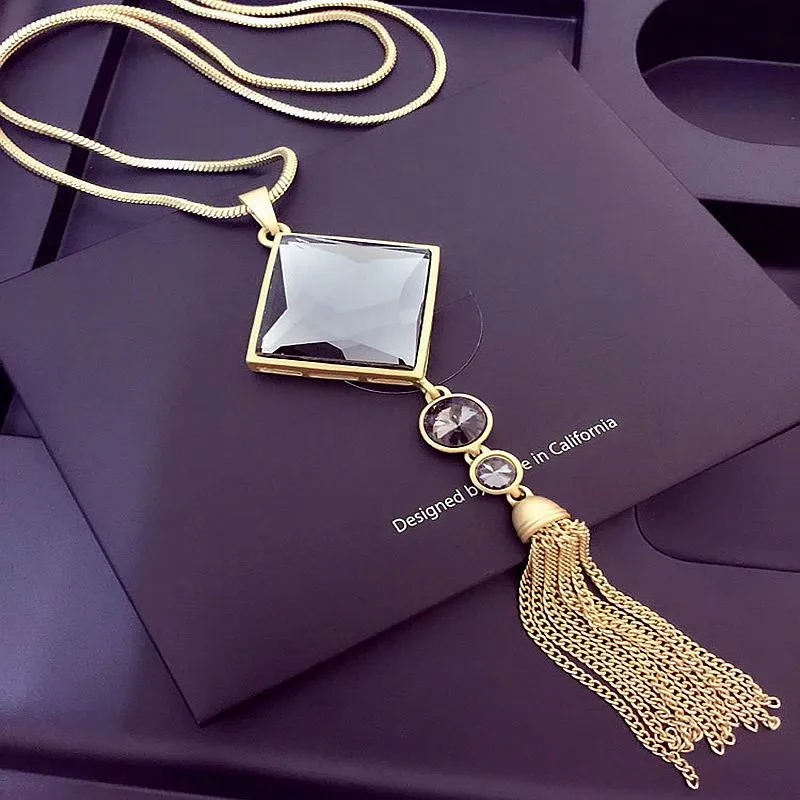 Высококачественная квадратная Подвеска из кристалла, длинная золотая цепочка с кисточками, ожерелье, женские модные ювелирные изделия,, серебряная цепочка