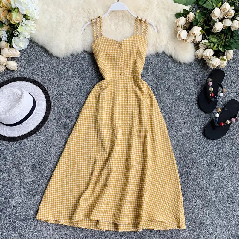 

2019 Retro Orange Dress Sweet Fairy Knee Length Plaid Summer Dress F248