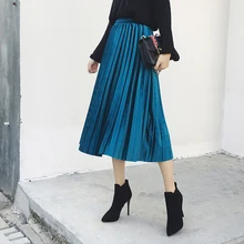 TingYiLi Синяя бархатная юбка Зимняя юбка макси с высокой талией плиссированная Женская юбка