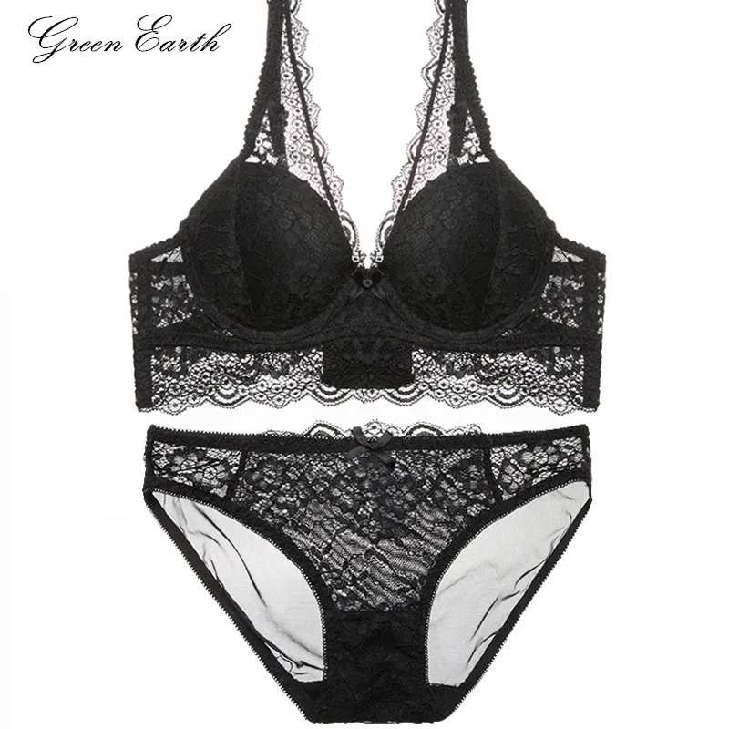 Greenearth Womens Ultrathin Garters Floral Lace Bra Push Up Deep V Underwear Set And Panties In