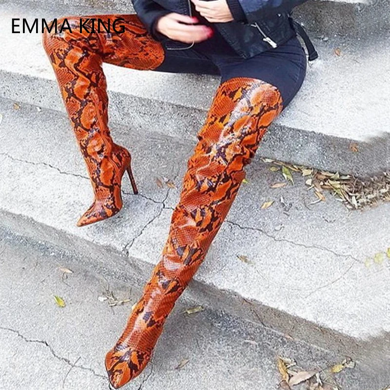 

Brown Thigh High Boots Stiletto High Heels Women Long Botas Pointed Toe Snake Pattern Leather Over Knee Boots Large Size 35-43