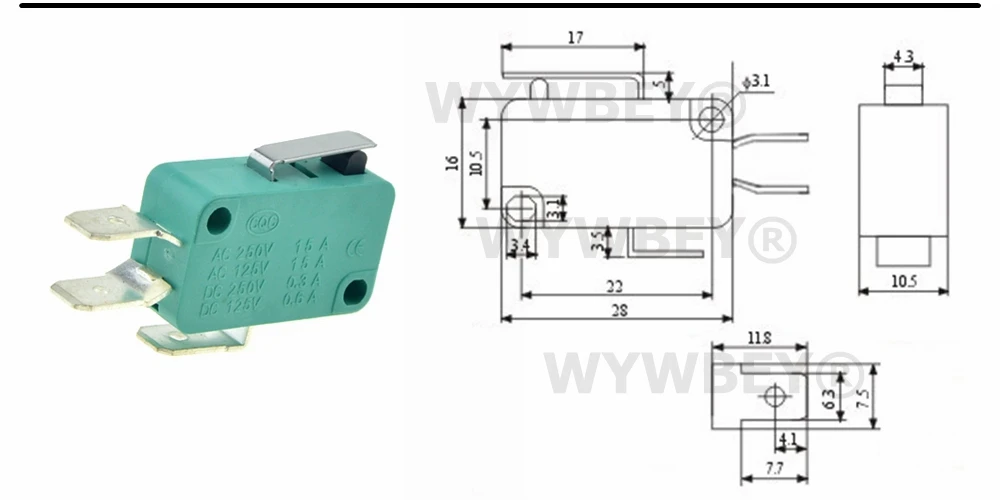 Микро концевые переключатели 16A 250V 125V NO+ NC+ COM 6,3mm 3 штифта SPDT микро переключатель 28 мм 52 мм дуговой роликовый рычаг сенсорный переключатель микропереключатель