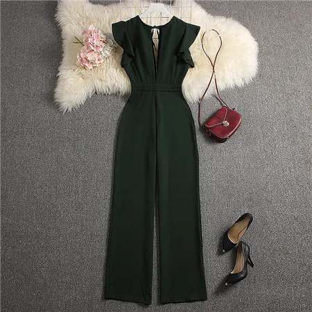Green ALPHALMODA летние женские сексуальные комбинезоны с глубоким v-образным вырезом, однотонные прямые длинные штаны, женские вечерние комбинезон, комплект одежды - Color: Green