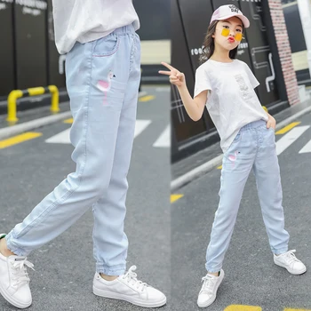 

Girls cartoon jeans 2019 summer children's clothing big kids mosquito-proof pants baby girls cowboy trousers denim leggings