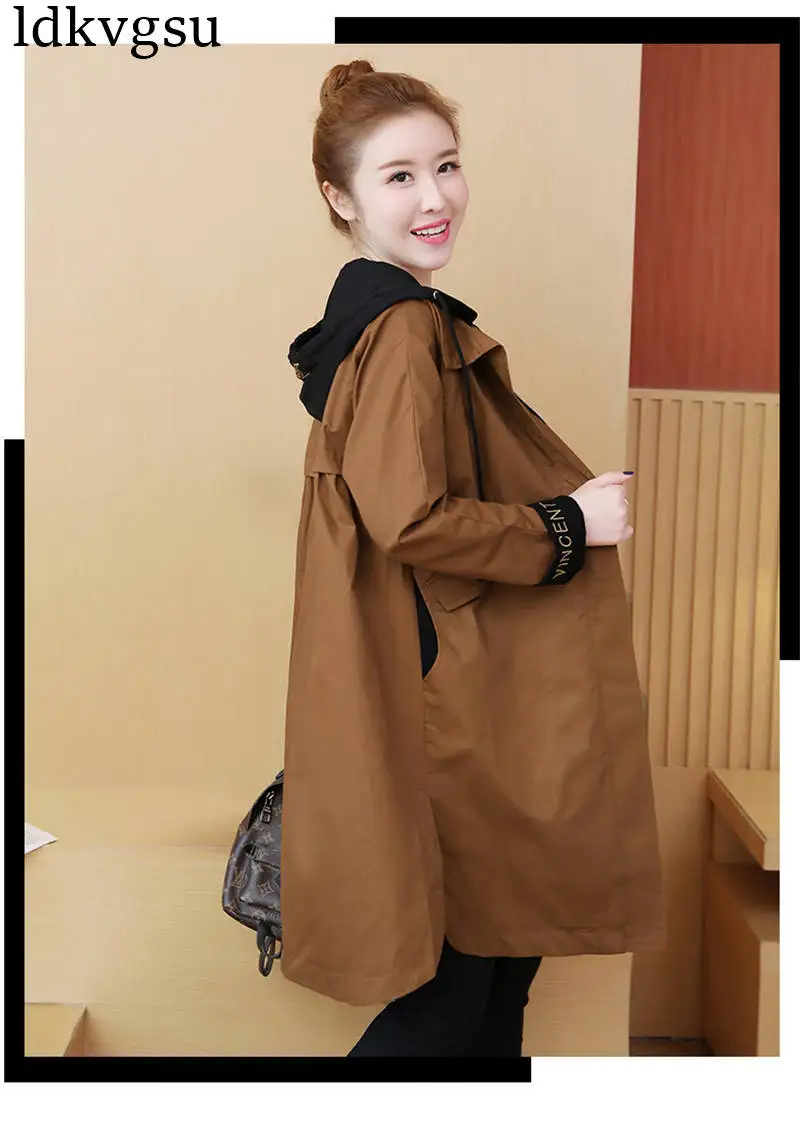 New Windbreaker Female Long Section Spring Autumn Jackets Women Korean Large Size Loose Hooded Casual Coat Ladies V307