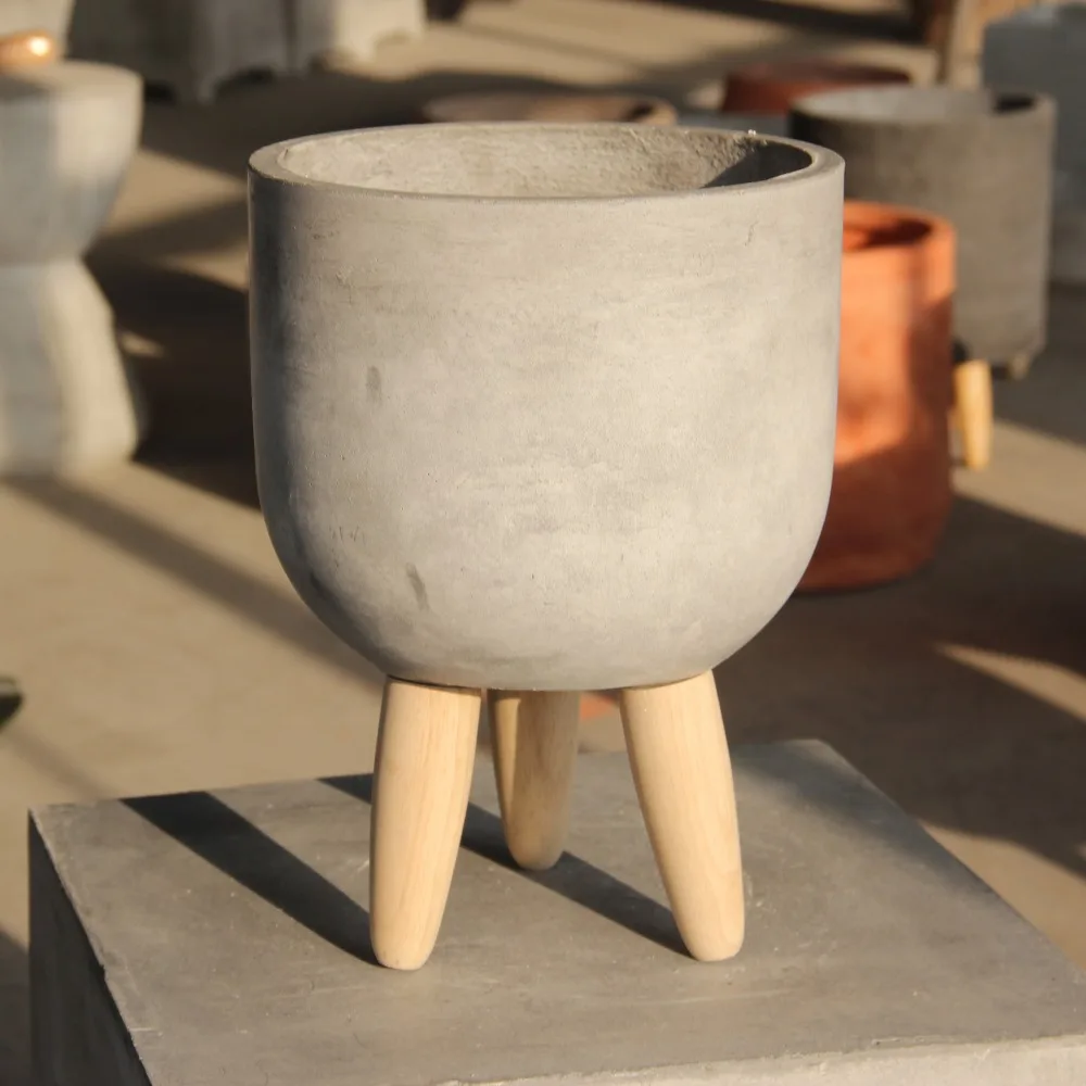 

Home Modern Style Flowerpot Micro Landscape Creative Bowl Shaped Wood Leg Flowerpot Decoration Cement Bonsai Garden Decoration