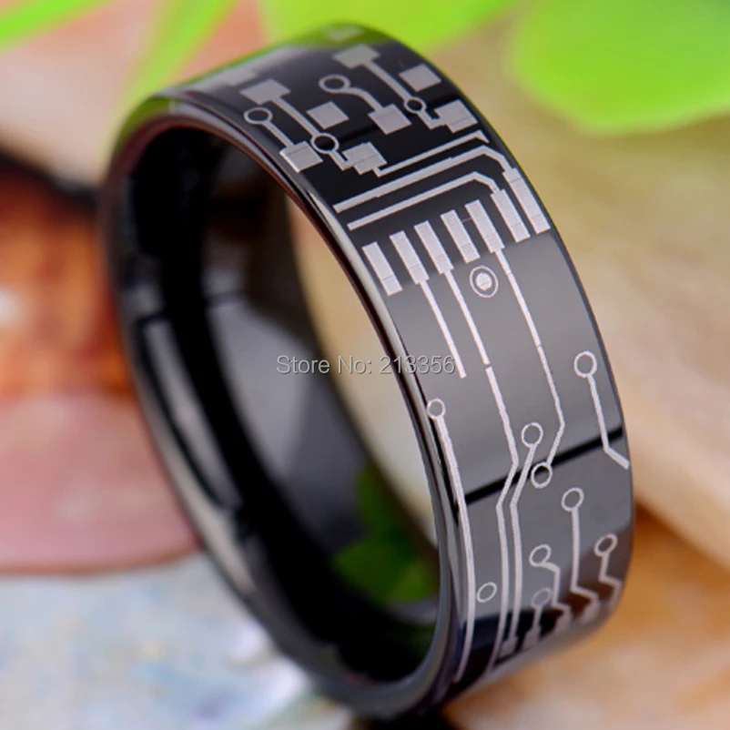 Free Shipping!USA Hot Sales E&ampC TUNGSTEN LUXURY JEWELRY 8MM CIRCUIT BOARD SHINY BLACK PIPE THE LORD MEN'S WEDDING RING | Украшения и