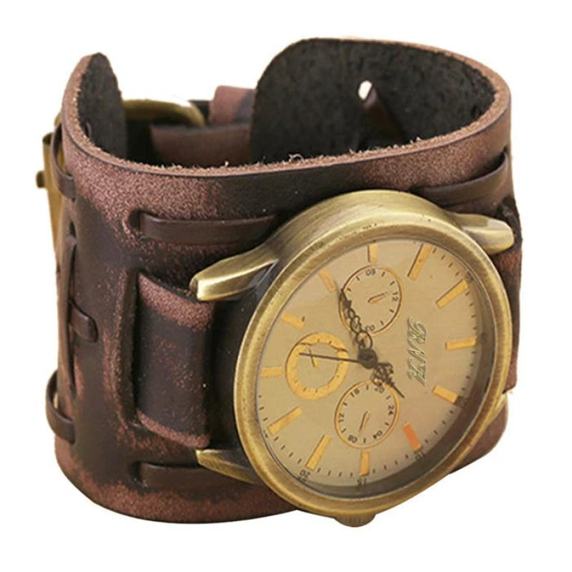 

Style Retro Punk Rock Brown Big Wide Leather Bracelet Cuff Men Watch Cool Luxury Mens Watches Women's Fashion Casual A70