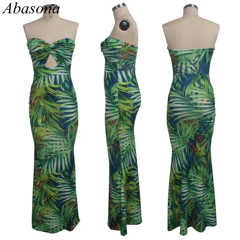 Abasona Для женщин Летнее цельное платье без бретелек длинное богемное пляжное платье без спинки с тропическим принтом пикантные вечерние облегающее платье с русалочкой Vestidos