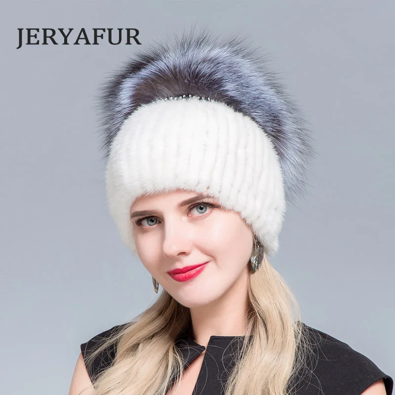 Модные женские шапки JERYAFUR из натуральной норки лисы облегающие зимние