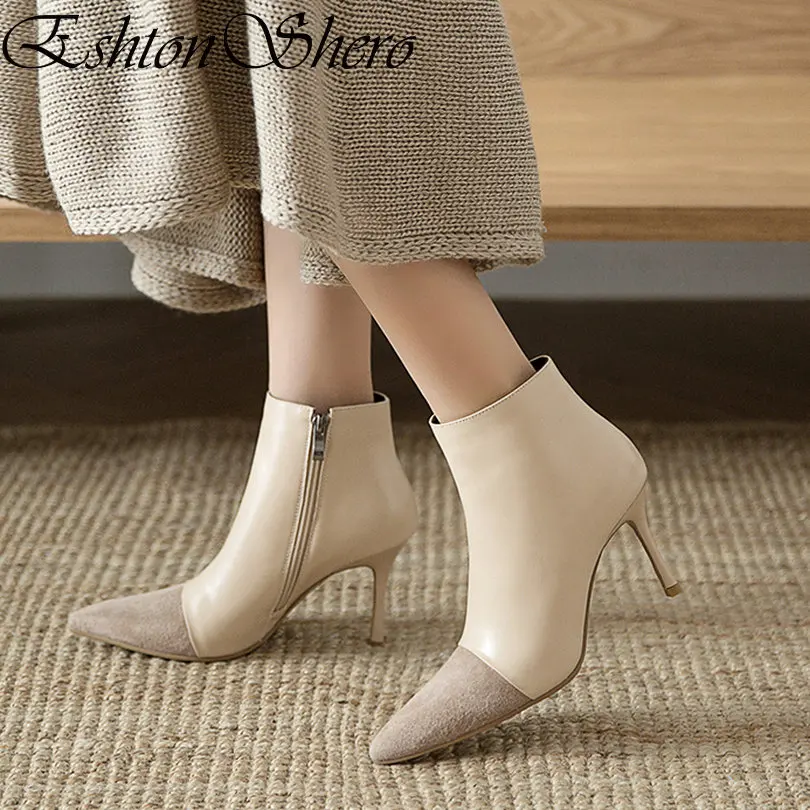 

EshtonShero Winter Women Ankle Boots Shoes Woman High Heels Genuine Leather+PU Pointed Toe Ladies Motorcycle Boots Size 34-43