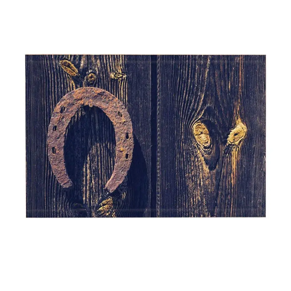 Vintage Decor Bath Rugs By Rusting Horseshoe Wooden Background