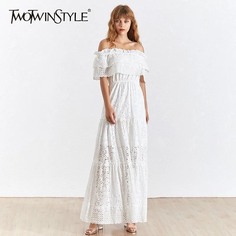 

TWOTWINSTYLE Summer Hollow Out Dress For Women Slash Neck Short Sleeve High Waist Ruffles Maxi Dresses Female Fashion 2019 New