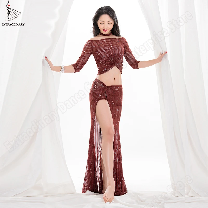 

New Fashion Women Belly Dance Top Skirt Sexy Costumes Sequins Practice Clothes Skirt Split Oriental Professional 3 Colors