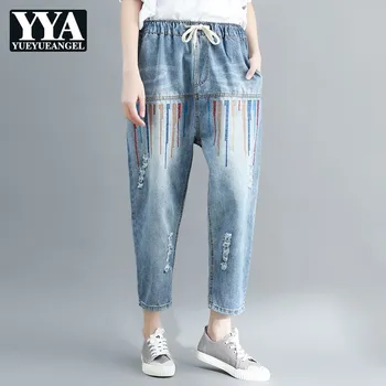 

2019 New Autumn Women Loose Embroidery Cotton Jeans Vintage Drawstring Ripped Hole Denim Harem Pants Ladies Casual Streetwear