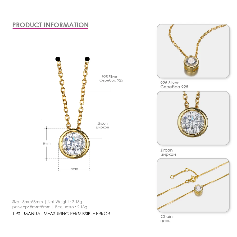e-Manco 925 Sterling Silver Necklace Simple CZ Cubic Zirconia Pendant Necklace for Women Gold Color Wedding Jewelry Fashion