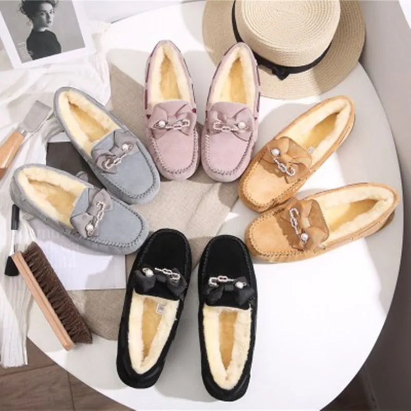 

CUWHF Real Wool Bowknot Womne's Boots Genuine Sheepskin Woman Snow Boots Casual Winter Shoes Woman Leather Snow Boots