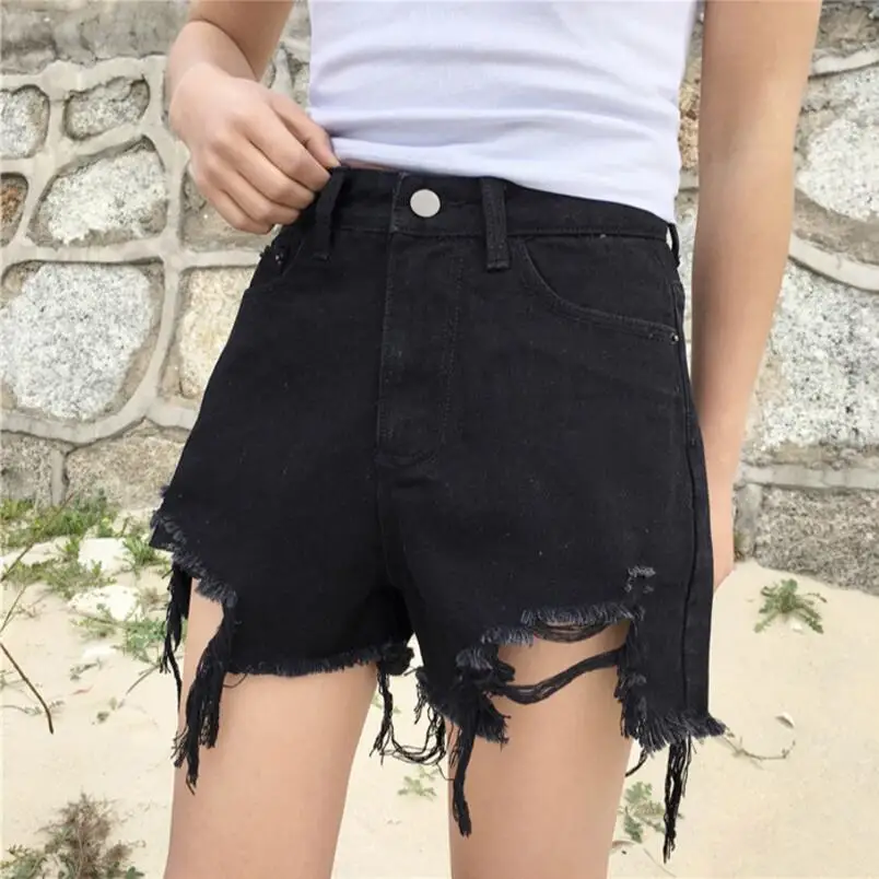

Vintage ripped hole fringe blue/black denim shorts women Casual pocket jeans shorts 2017 summer girl hot shorts