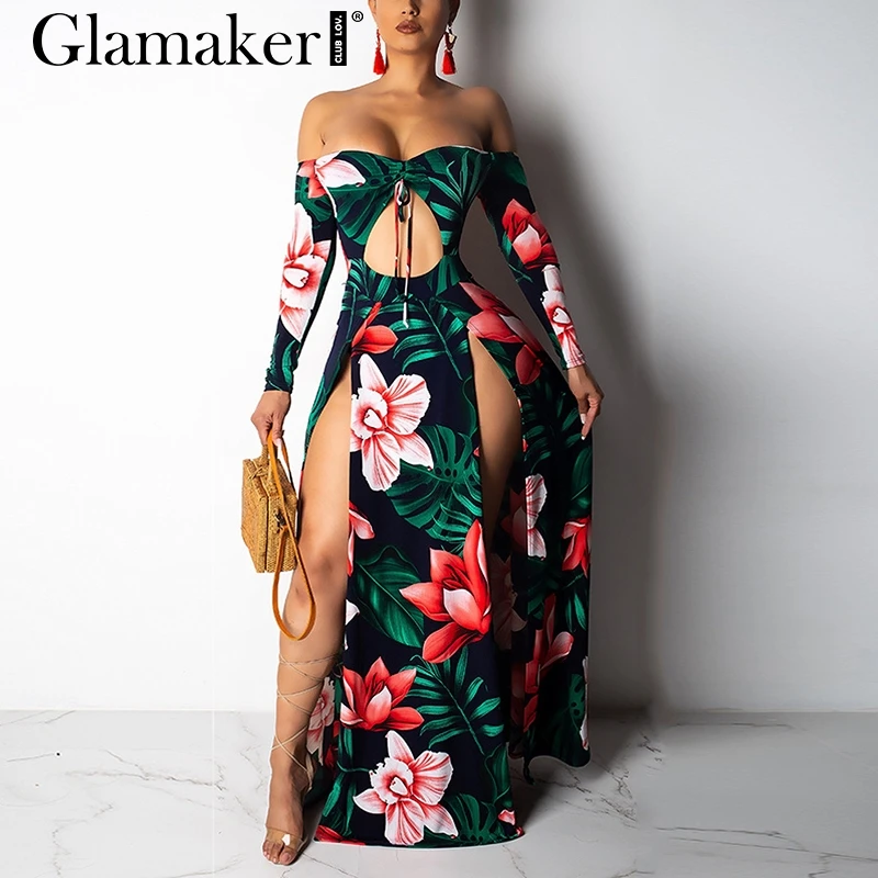 

Glamaker Floral off shoulder bodycon sexy maxi dress Women hollow out boho dress female Elegant long sleeve summer party dress