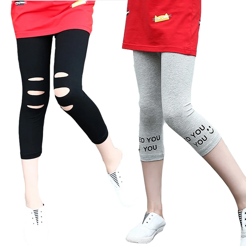 

Girls Leggings Elastic Ripped Pants For Girls Sportswear Cartoon Summer Children Trousers Hole Skinny Leggings 3 5 7 9 11 13 14Y