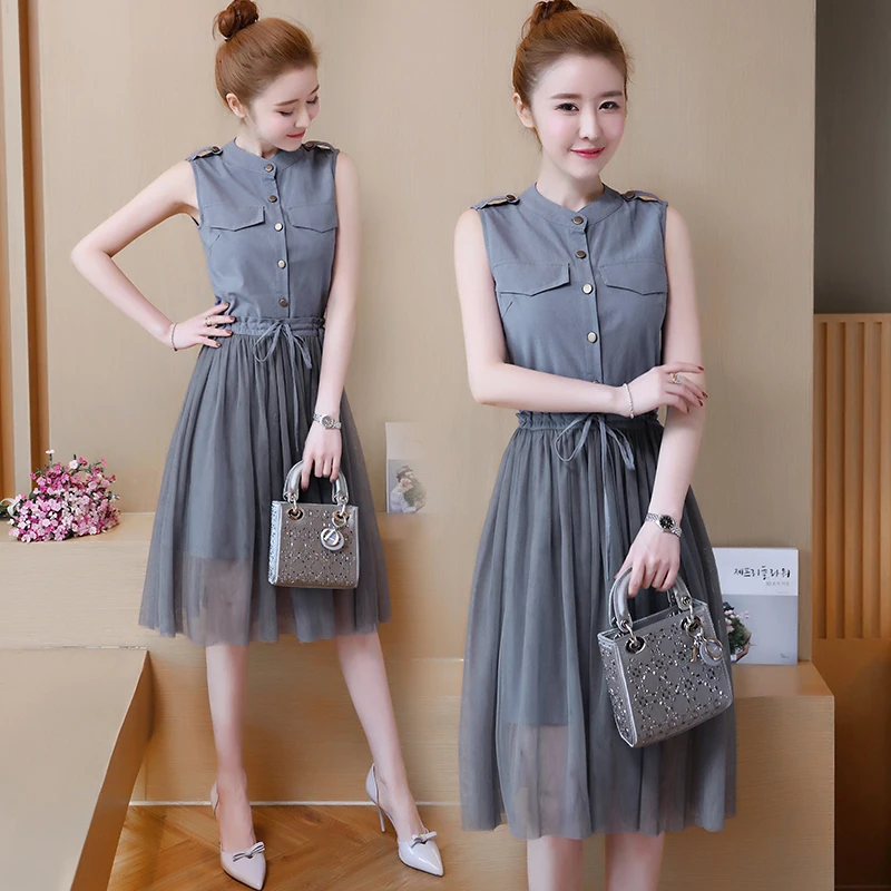

2019 Summer New Women Sleeveless Vest Dress Elegant 2 Two Piece Set Single Breasted Shirt Mesh Patchwork Dresses Slim Vestidos