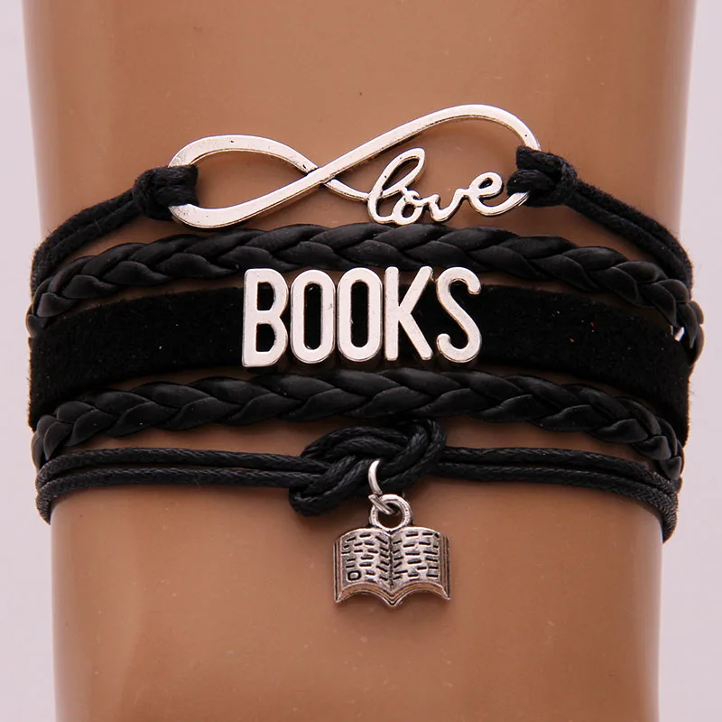 

(10pcs/lot) Infinity Love BOOKS Bracelet Book Charm Black Leather Rope Wrap Bracelets & Bangles Handmade Jewelry For Women Men
