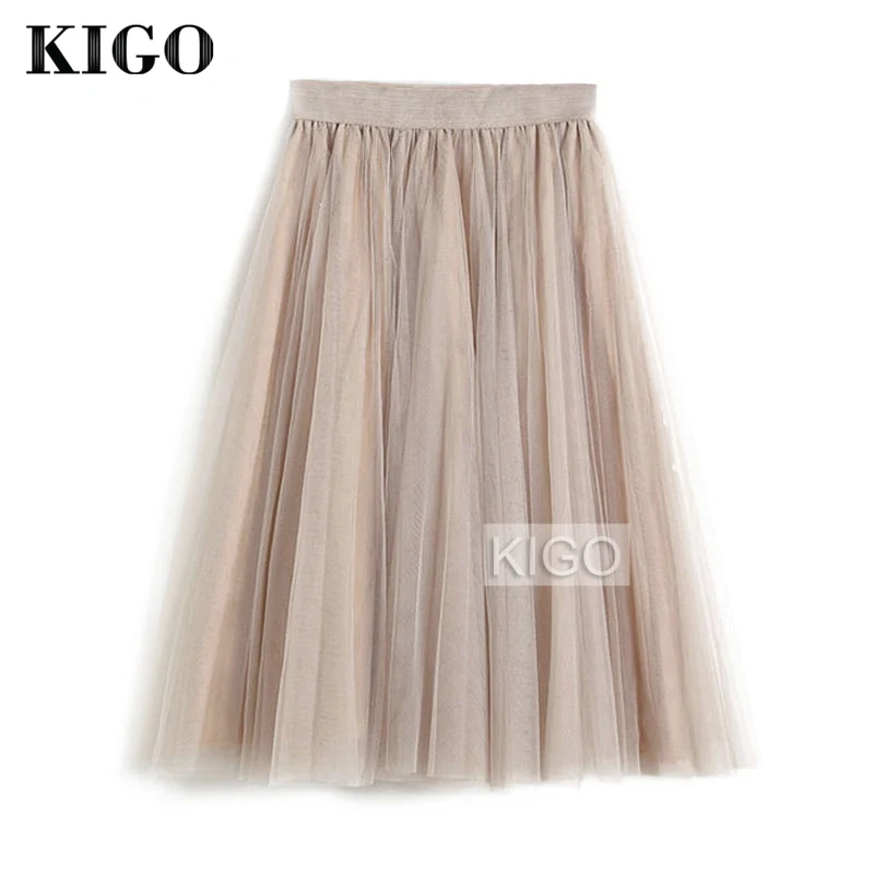 Kigo летнее 3 слоя женские тюлевые юбки Высокая талия пачка плиссированная юбка миди Винтаж Лолита юбка Faldas Saias KE2367H