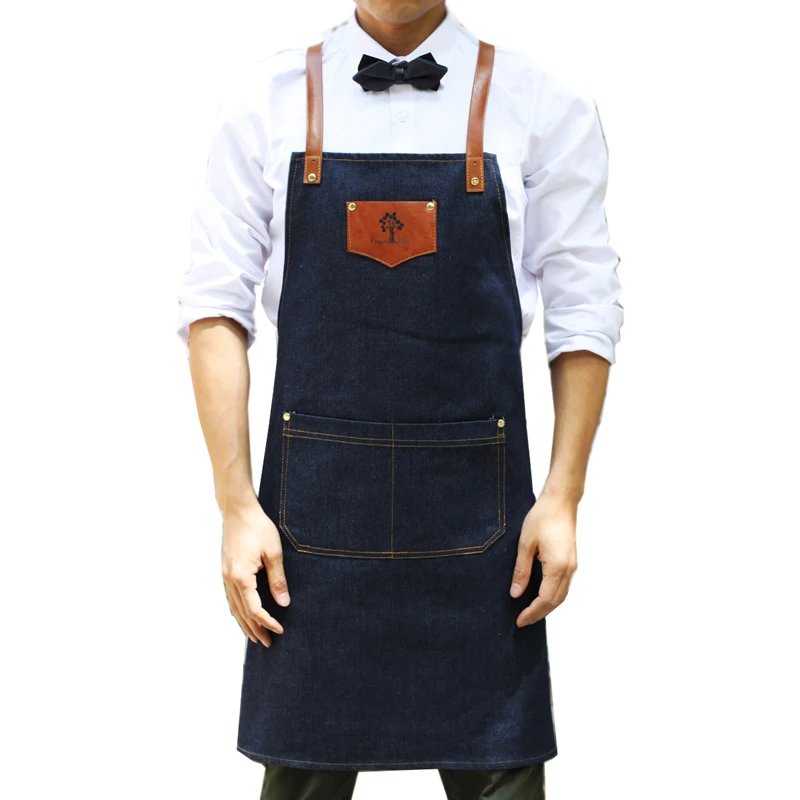 2018 Denim cowboy Apron Bib Leather Straps Kitchen Apron for Women Men