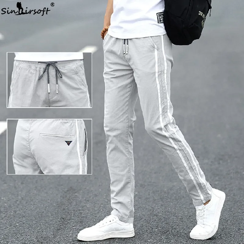 

Free Shipping Side Stripe Casual Pants Men's Drawstring Waist Skinny Full Length Trousers Male 2019 Summer Running Wear Pants