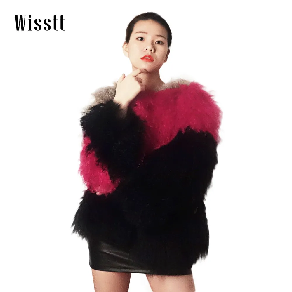 Wisstt Chic stitching Mongolia Sheep  Fur Coat Mix Color Long Sleeve Jacket Winter Warm Multi-color  short Cardigan jacket Hot