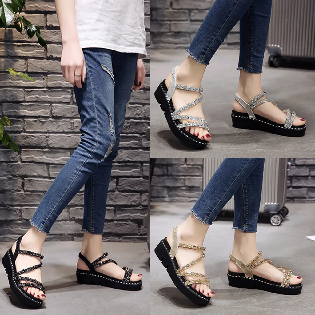 

Women Sandals Ladies Fashion Elastic Crystal Causal Beach Shoes Sandals Rhinestone Wedge Summer Casual Shoes Size 35-40