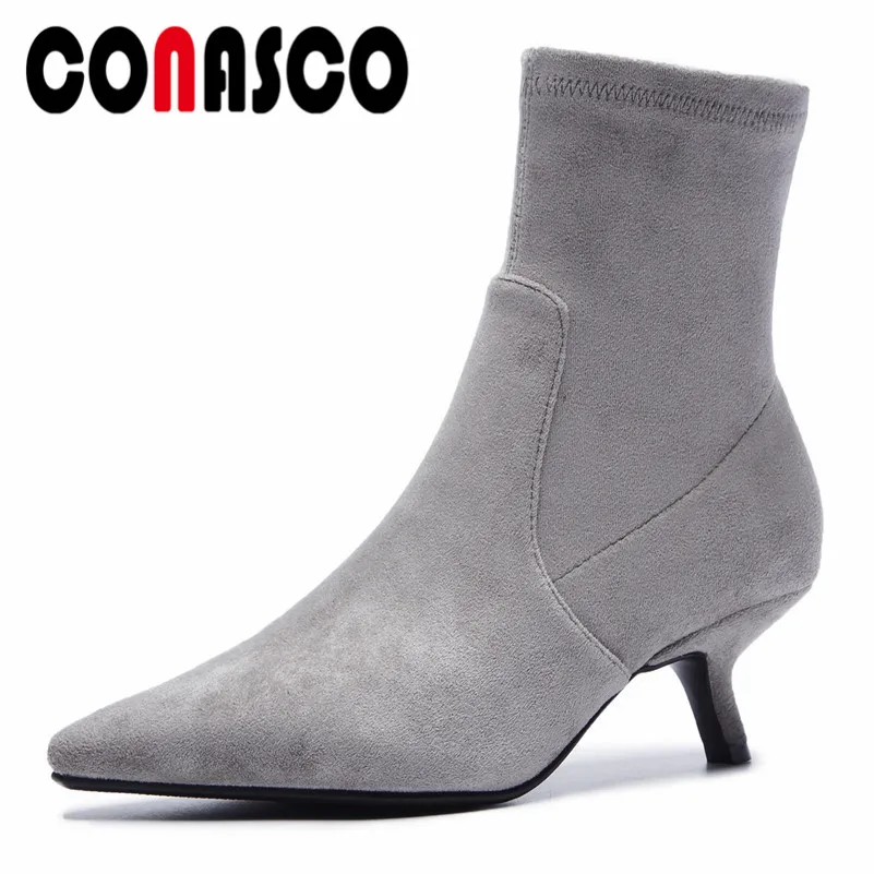 

CONASCO New Women Ankle Boots Autumn Winter Warm Thin High Heels Shoes Woman Pointed Toe Elegant Casual Wedding Stretch Boots