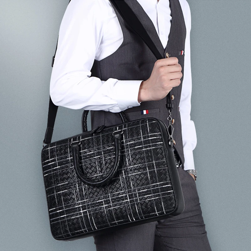 

High Quality 100% Sheepskin Genuine Leather Men Briefcase Black Plaid Handbags Men Laptop Bag Business Casual Messenger Bags