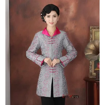 

New Style Gray Women's Satin Button Coat Applique Flower Long Jacket Miiddle-Aged Mother Classic Clothing Size S To XXXL