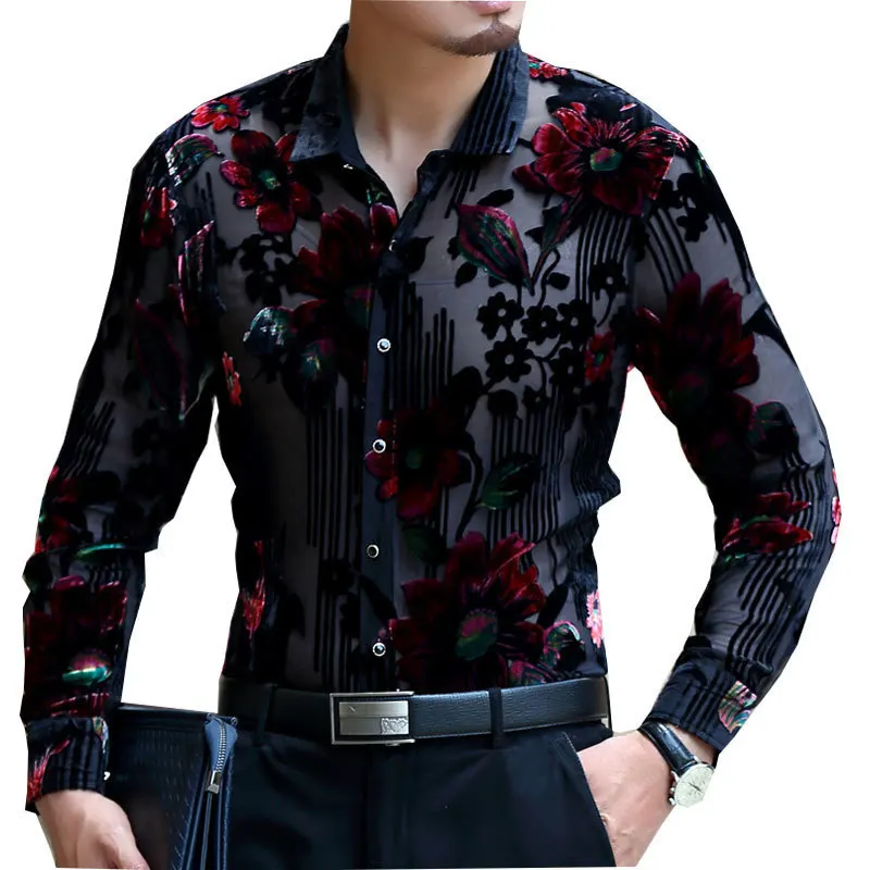 Модная бархатная Свадебная рубашка, Мужская сорочка, 4xl, кружевная рубашка, Клубная вечеринка, выпускной, сексуальная мужская рубашка, роскошная мужская прозрачная рубашка - Цвет: mesh shirt