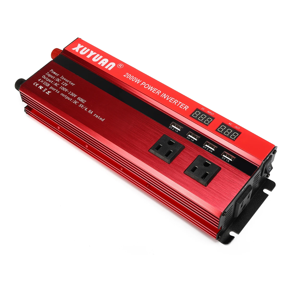 

2000W LED Display Power Inverter 4UBS 2 AC Outlets Converter 0.9 Efficiency DC 12V to AC 110V Protective Circuit Dual Screen