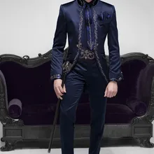Индивидуальные итальянские мужские костюмы с вышивкой темно-синего цвета, приталенный смокинг для жениха на выпускной, 2 предмета, Мужской Блейзер, роскошная брендовая куртка+ штаны, Terno