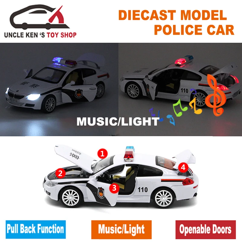 Koop 1 32 Schaal Politie Speelgoed Model Auto, metalen auto, Diecast Modellen, jongen Gift Speelgoed Met Te Openen Deuren Trek Functie Muziek